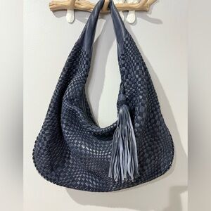 Jennifer Tattanelli Navy Intreccio Woven Leather‎ Tote Bag Blue Slouchy Hobo